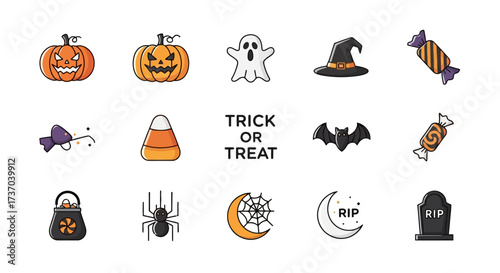 Festive Halloween Icons Pumpkins, Ghosts, Bats, and More
