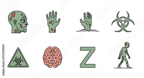 A collection of colorful zombie apocalypse icons, including undead characters, biohazard signs, and brains for a horror theme