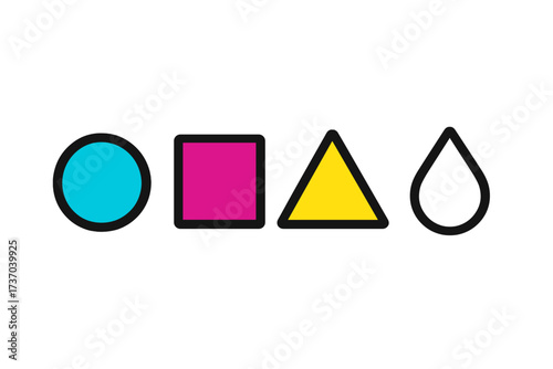 CMYK color model icon set. Geometric shapes circle, square, triangle and drop. Cyan, magenta, yellow ink symbols for the print industry. Abstract vector design elements.