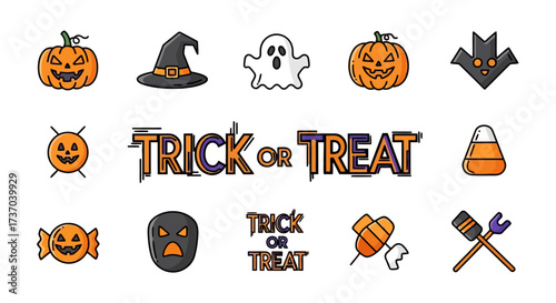 Halloween Icons Collection Featuring Pumpkins, Ghosts, Hats, Candy, and Spooky Elements for Festive Designs