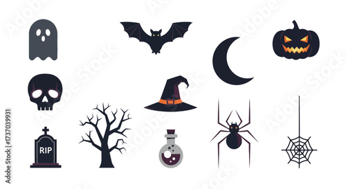 A collection of creepy and scary zombie-themed icons for horror and Halloween designs, featuring undead figures and related imagery