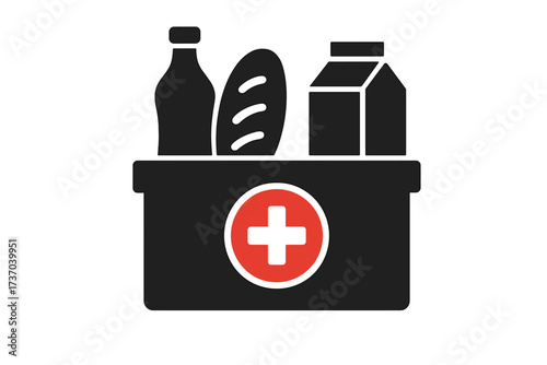 Food donation box with red cross for humanitarian aid. Vector glyph icon for charity, helping homeless people and disaster victims. Grocery provisions support concept.
