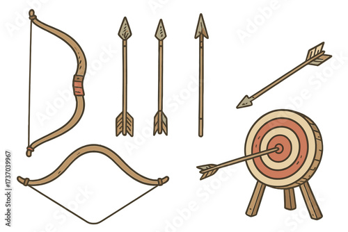 Archery elements collection. Hand drawn bow, arrow, target. Vector illustration sport equipment. Hunter weapon icon set. Aim, goal, success. Bullseye hit accuracy concept.