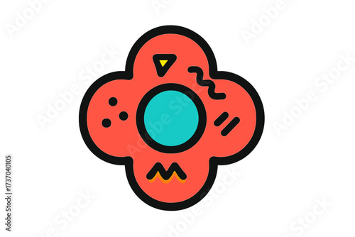 Modern abstract geometric logo icon. Colorful retro 80s Memphis style vector graphic. Four leaf clover or flower shape with vibrant patterns. Corporate identity design element.