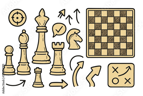 Hand-drawn chess elements set. Vector cartoon icons for strategic game play. Includes pieces, board, and symbols for tactics, planning, and success. Business strategy metaphor.