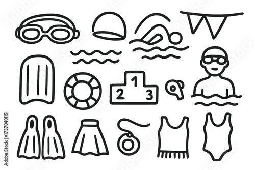 Swimming sport icon set. Hand-drawn doodle symbols of swim activities and competition equipment. Vector cartoon illustration of goggles, medal, podium, flippers, and swimmer.