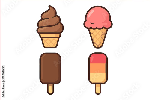Ice cream vector icon set. Flat cartoon illustration collection of sweet summer desserts. Chocolate soft serve, strawberry scoop, popsicle bar, and frozen fruit sorbet graphics.
