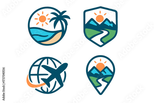 Travel logo icon set. Summer beach vacation with palm tree and sun. Mountain adventure, road trip badge. Airplane flying around globe for world tour. Map pin location mark.