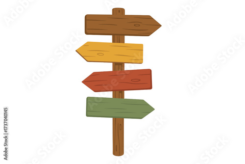 Wooden arrow signpost, crossroads direction pointer. Concept of choice, path, journey, travel, navigation, decision. Blank colorful rustic signs. Vector illustration isolated.
