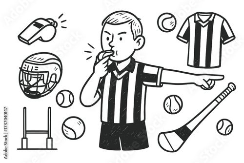Hand-drawn hurling icon set with referee blowing whistle. Vector cartoon illustration of Irish gaelic sport equipment. Includes hurley, sliotar, helmet, goal, and jersey.