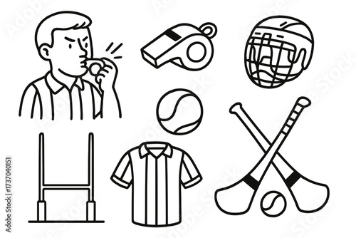 Hand-drawn hurling icons set. Vector cartoon illustration of Gaelic sport equipment from Ireland. Doodle collection with referee, whistle, hurley, sliotar, helmet and goalpost.