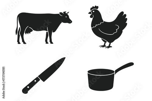 Vector icon set of farm animals and kitchen tools. Cow, chicken, knife, and pot silhouettes. Concept for farming, cooking, butchery, food preparation, fresh meat and poultry.