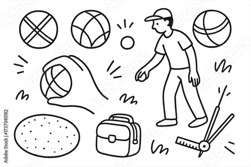 Hand-drawn petanque game elements. Doodle vector cartoon set. Player throws boule, cochonnet, hand holds ball, bag and measuring tool for this popular french sport.