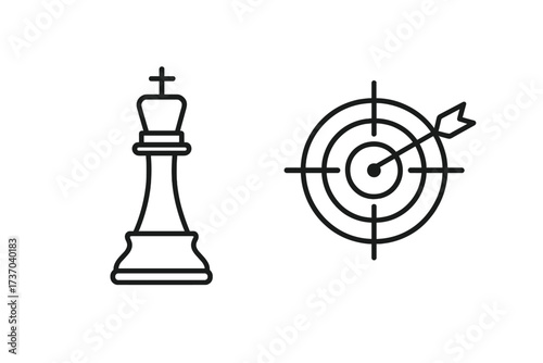 Business strategy metaphor. Goal achievement. Chess king icon. Target with arrow. Success concept. Leadership symbol. Marketing objective. Focus. Hitting the mark. Winning.