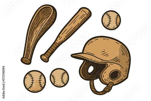 Baseball equipment set vector illustration. Hand-drawn vintage style sport elements. Collection of bat, ball and helmet icons for design. Pelota game cartoon symbols isolated.