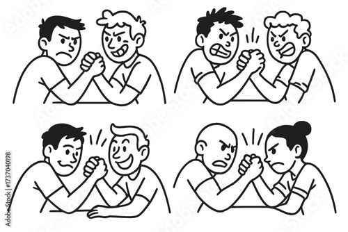 Arm wrestling doodle set with diverse competitive characters. Hand drawn vector illustration of conflict, strength, and power struggle. Cartoon people in a challenge or versus match.