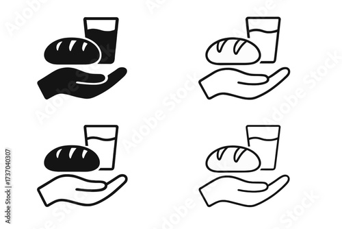 Food and water donation icon set. Hand offering bread and a drink. Charity symbol for help, support, and hunger relief. Vector silhouette and line art for poverty aid.