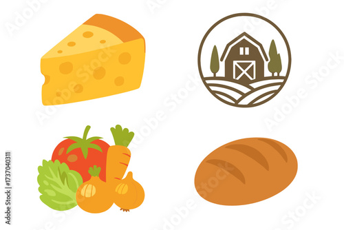 Farm fresh food collection vector icon set. Organic local produce, cheese, bread, vegetables. Agriculture logo with barn. Homemade grocery market illustration. Healthy eating.