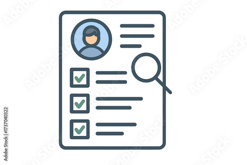 Resume review vector concept for job search and hiring. Candidate profile with checklist for qualifications and criteria. Employee screening and recruitment metaphor background.