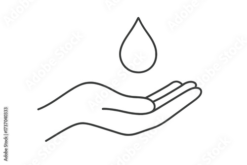 Hand with a water drop. Save water concept. Thin line icon for water usage, hygiene, sustainability, hand washing. Pure fresh water. Ecology and environmental conservation.