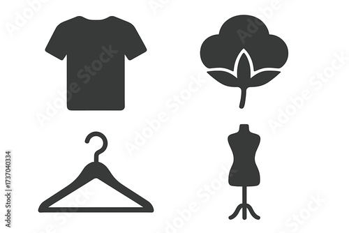 Fashion and garment icon set vector. T-shirt, cotton plant, hanger, mannequin symbols. Clothing production, textile industry, apparel design concepts. Isolated web elements.