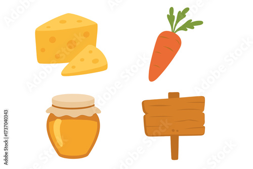Farm fresh food icon set with cheese, carrot, and honey jar. Vector collection of homestead and homemade products. Organic market elements with a blank wooden sign for text.