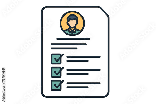 Resume icon for job search, hiring, and recruitment. CV or curriculum vitae concept with candidate profile, checklist, and approved qualifications. HR and employment vector.