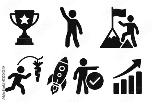 Success and motivation icon set. Vector pictograms of achievement, willpower, leadership, and determination. Business growth, goal reaching, and effectiveness symbols. Glyph style.