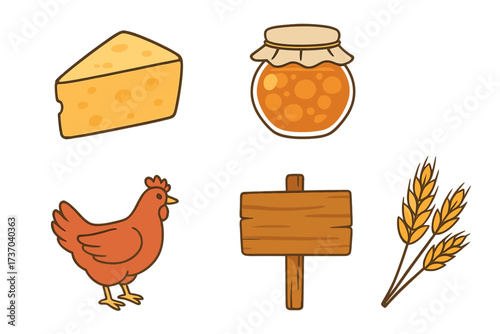 Farm food icon set. Collection of homemade products: cheese, chicken, jam, wheat, wooden sign. Vector illustration for organic market, homesteading, and agriculture concepts.