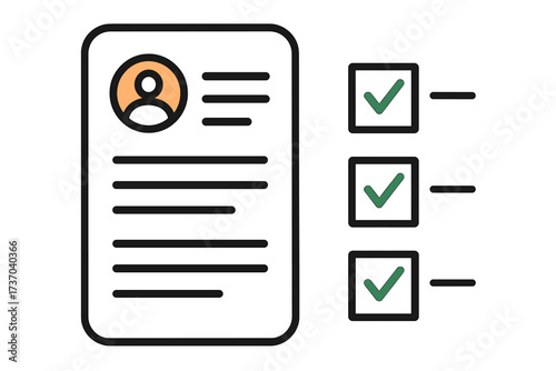 Resume icon with checklist. CV for job application. Hiring and recruitment process. Candidate selection with approved qualifications, criteria and skills. HR concept vector.