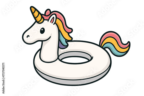 Inflatable swimming pool ring in Unicorn shape. Cute magical fairytale rainbow horse buoy for summer vacation and water fun. Vector illustration of a swim float toy for kids.