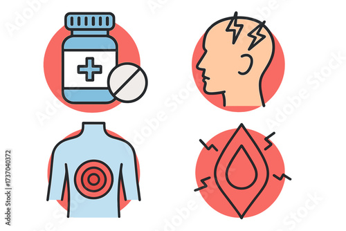 Pain and disease color line icon set. Vector collection of headache, inflammation, backache symbols. Medical treatment, medicine, and healthcare concept stock vector illustration.