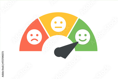 Customer satisfaction meter with emotions. Feedback scale from negative to positive. Review rating with emoticons. Gauge indicator showing excellent service and good quality.