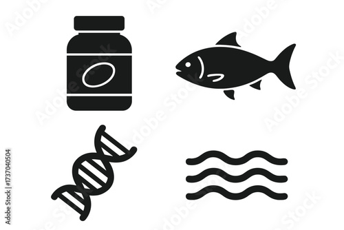 Fish oil omega 3 supplement icon set. Marine protein, nutrition from seafood concept. Vector glyphs of a fish, DNA helix, water waves, and a vitamin or protein bottle.