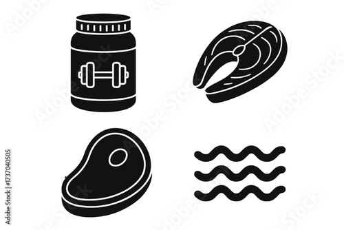 Protein sources icon set vector glyph. Food for bodybuilding and fitness nutrition. Whey supplement, salmon fish steak, beef meat and water symbol. Healthy diet silhouette.