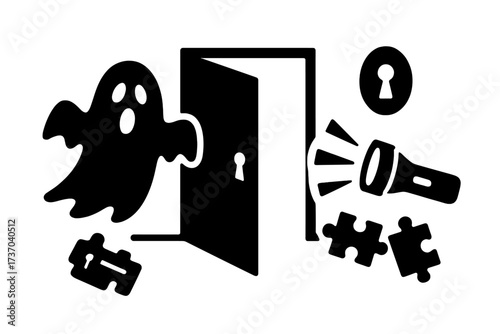 Escape room game concept. Quest icon set with ghost, door, keyhole, and flashlight. Puzzle solving for exit. Mystery adventure entertainment. Horror teamwork challenge vector.