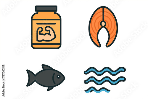 Protein sources icon set vector illustration. Whey supplement for bodybuilding and salmon fish steak for healthy diet. Seafood, fitness nutrition and natural food concept icons.