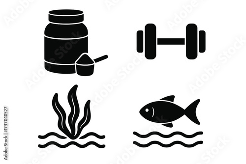 Protein sources and fitness icon set. Vector illustration of whey powder, dumbbell, fish, and seaweed. Nutrition, bodybuilding, gym, and healthy lifestyle symbols.