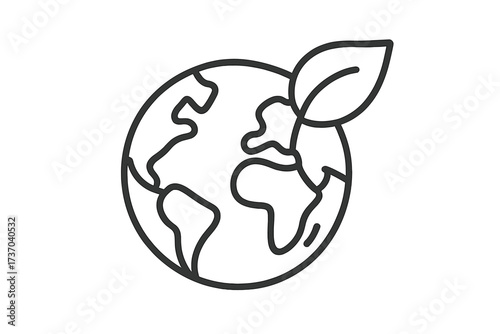 Planet earth with leaf icon. Vector thin line illustration for green earth and nature care. World ecology, environmental protection, global climate awareness, save the planet.