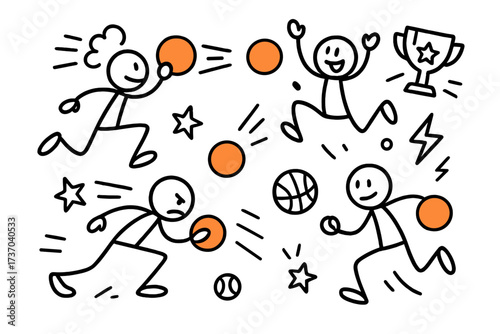 Stick figure dodgeball game vector set. Doodle cartoon characters playing, throwing ball, and celebrating with trophy. Action, competition, and sports concept illustration.