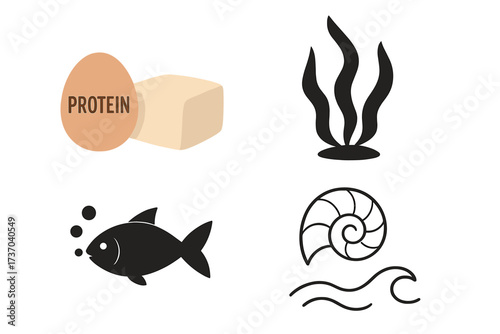 Vector icon set of protein food and sea symbols. Collection includes egg, tofu, fish, seaweed, shell, and wave. Healthy eating, nutrition, and marine life concept illustration.