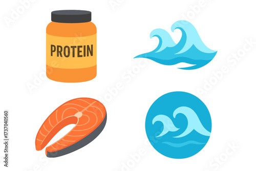Vector collection of protein and sea icons. Salmon steak for healthy seafood diet and protein powder for bodybuilding. Fitness and nutrition concept with ocean wave symbols.