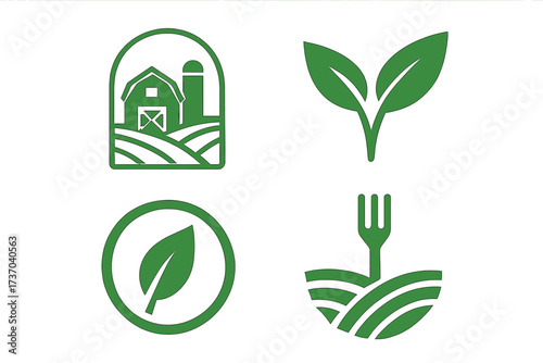Farm and food icon set. Organic agriculture and natural product logos. Collection of symbols for fresh, healthy, eco friendly food. Vector illustration of barn, leaf, and fork.