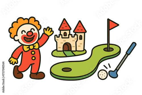 Playful mini golf vector icon set with cartoon clown and fairytale castle. Fun miniature golf game elements for kids. Pastime, leisure activity, and sport concept illustration.
