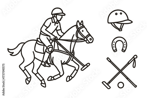 Polo sport outline icon set with player on horse. Equestrian game with equipment elements. Vector illustration of rider, mallet, ball, helmet and horseshoe for design.