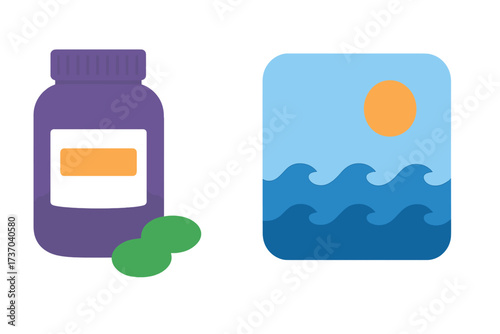 Vector icon set of natural sea supplements. Bottle with green pills like spirulina or chlorella algae. Marine source vitamins for health, wellness and nutrition concept illustration.