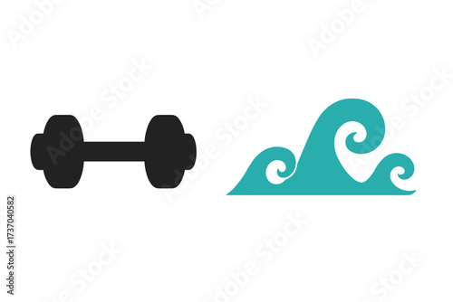Dumbbell and sea wave vector icon set. Isolated objects for gym, fitness, and nature concepts. Symbol of strength, bodybuilding, power and the ocean's natural flow.