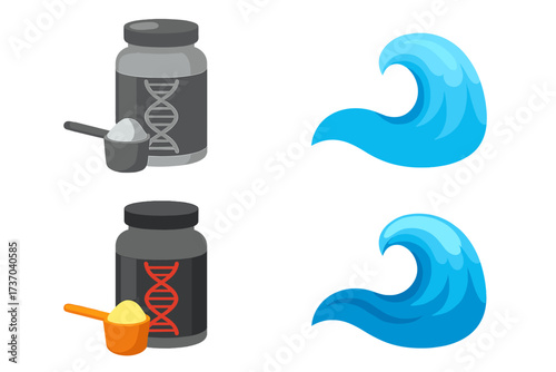 Vector set of protein supplement icons with DNA and wave symbols. Nutrition for fitness, gym, and bodybuilding. Includes container jar, whey powder, and scoop illustration.