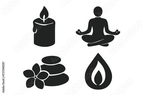 Spa and relaxation icons set. Meditation, yoga, hot stone massage, aromatherapy candle symbols. Wellness, harmony, and balance concept vector graphics for logo design.