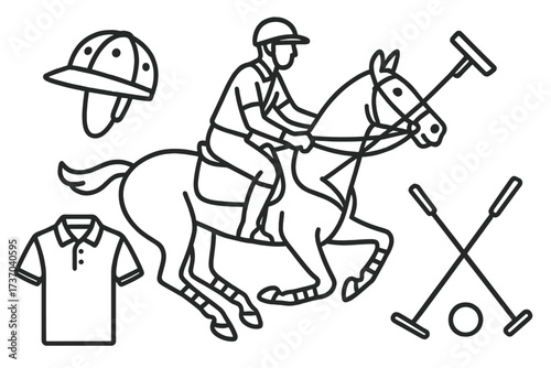 Polo sport outline vector icon set. Line art illustration of a player on horseback with mallet. Equestrian game elements including helmet, ball, and classic polo shirt.